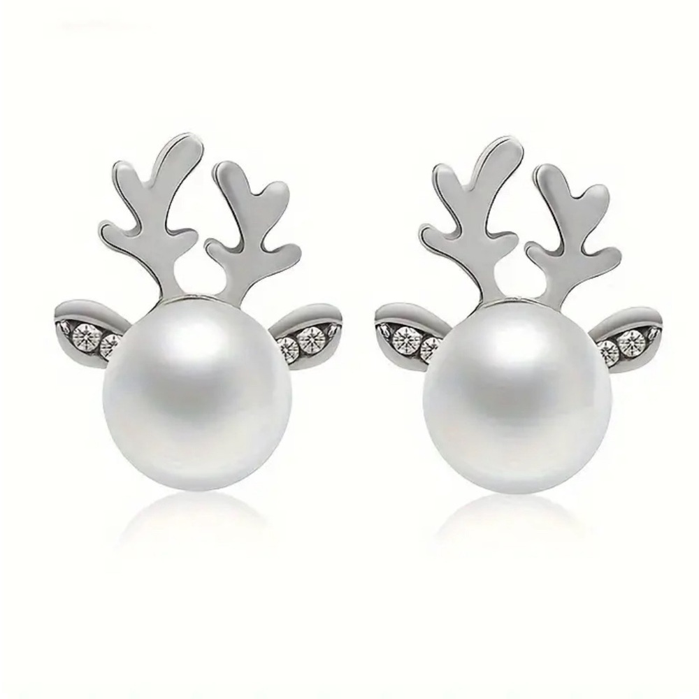 Pearl REINDEER‎ ANTLERS Christmas w/ Rhinestone Silver Tone Holiday Earrings NEW